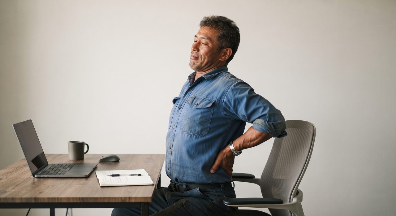 オフィスのデスクで、40代前後の男性が腰に手を当てて軽く体を伸ばしている様子
