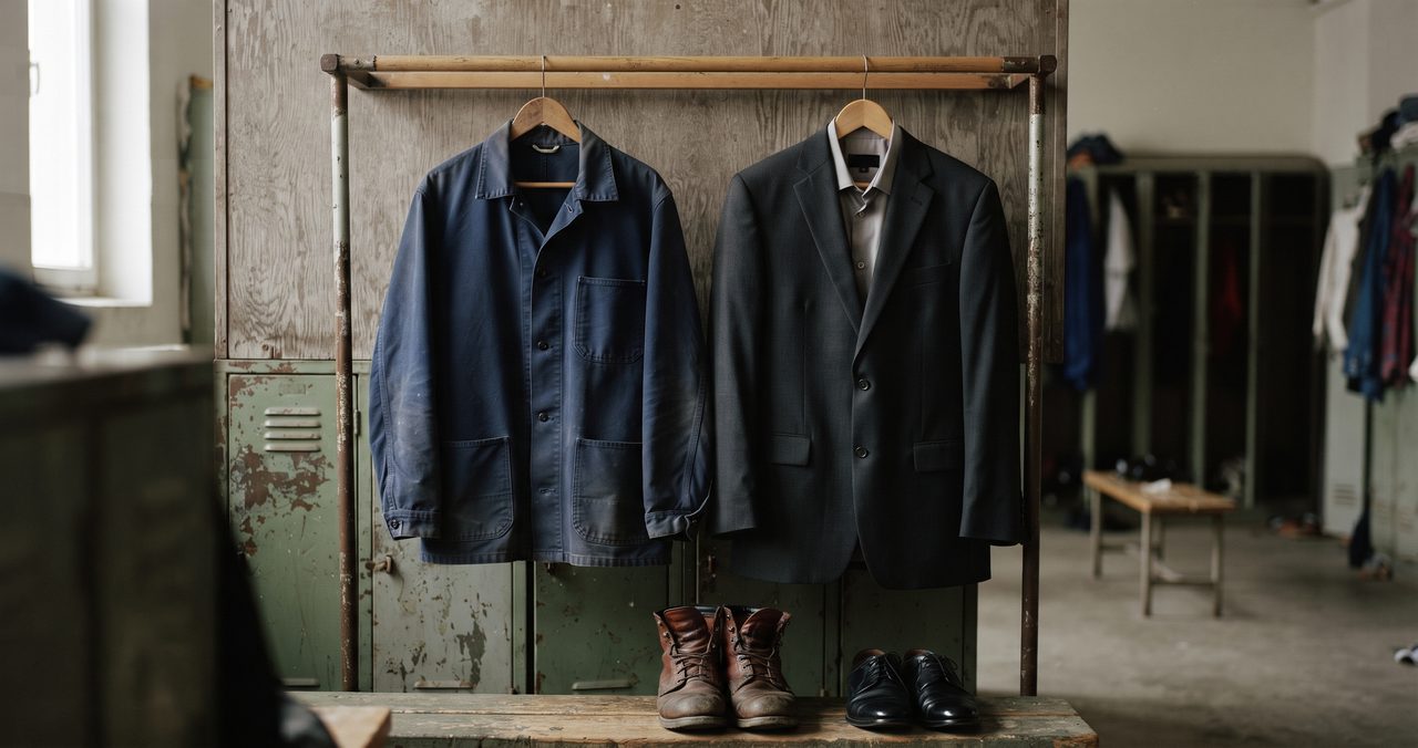 作業服とスーツが並んで掛けられているイメージ写真