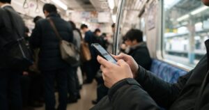 通勤電車の中でスマートフォンを操作する人の手元の写真