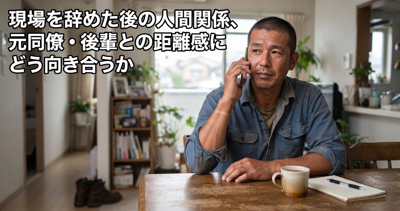 夕暮れの自宅で現場出身の男性がスマートフォンを手に持ち考え込んでいる様子