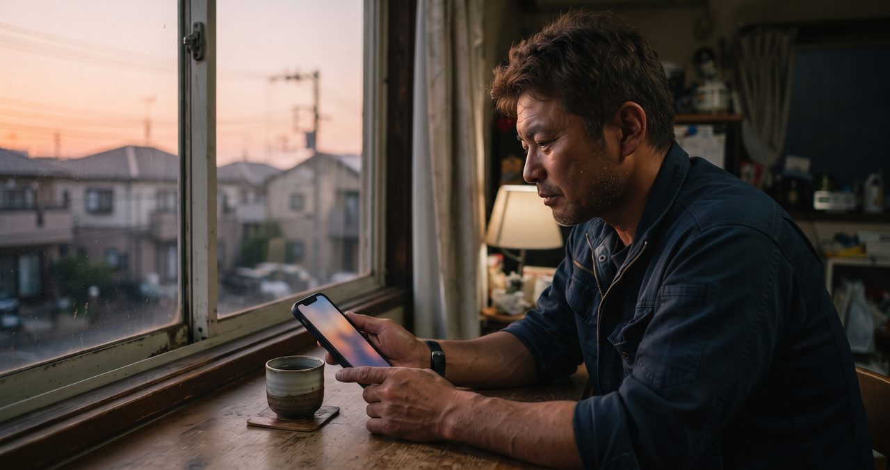 夕暮れの窓辺で、現場出身の男性がスマートフォンの画面を見つめながら物思いにふけっている手元と横顔