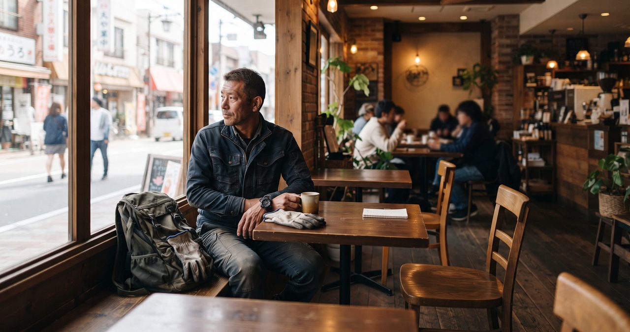 喫茶店の窓際の席で一人コーヒーを飲みながら外を眺める男性、向かいの席は空いている様子
