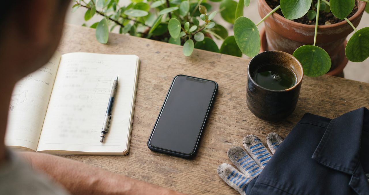 テーブルの上に伏せて置かれたスマートフォンとノートを俯瞰で撮影した、通知から距離を置く様子のカット