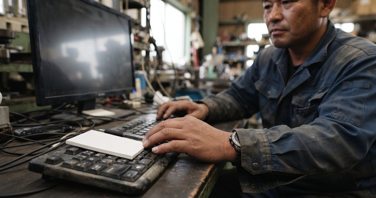 デスクトップPCのキーボードを操作する現場出身の男性の手元、モニター画面には文字は表示されていない