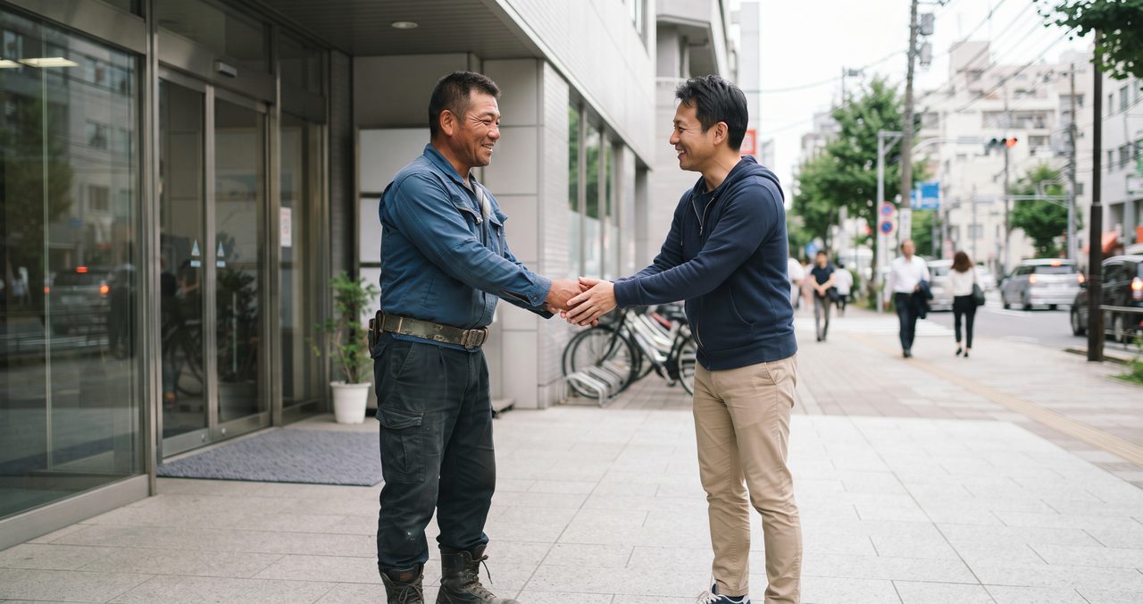 オフィスビルの前で現場出身の男性ともう一人の男性が笑顔で握手を交わしている様子