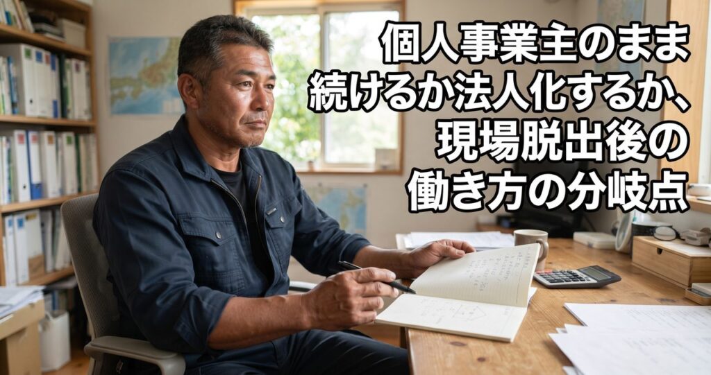 自宅の書斎で現場出身の男性がノートに電卓で計算しながら書き込んでいる様子