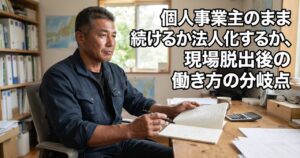 自宅の書斎で現場出身の男性がノートに電卓で計算しながら書き込んでいる様子