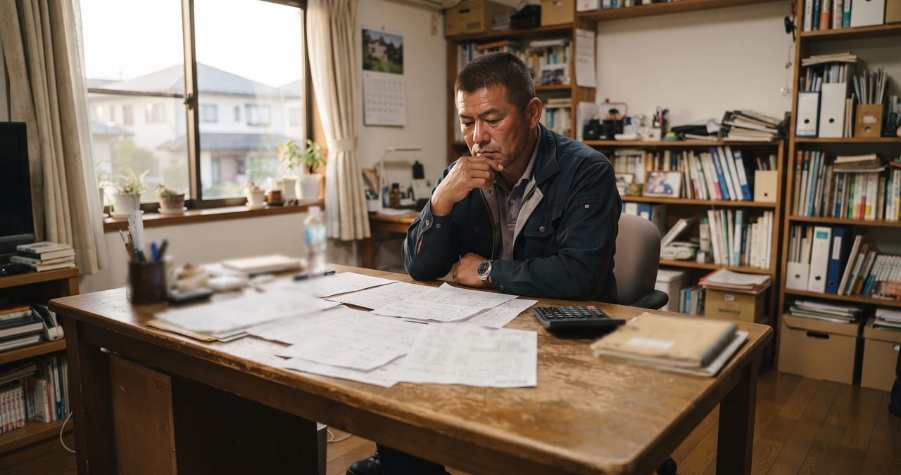 自宅の一室で、現場出身の男性が机に向かい書類と電卓を広げて考え込んでいる部屋全体のカット