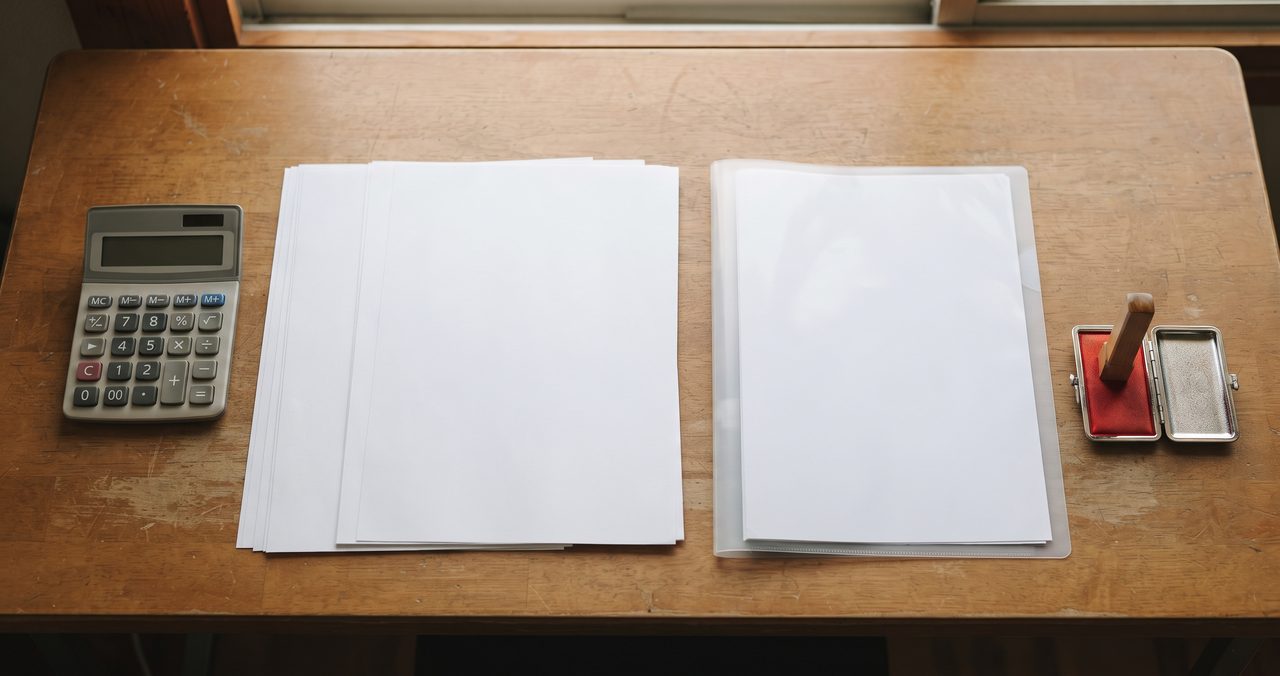 机の上に電卓、白紙の書類、クリアファイル、印鑑を並べた俯瞰の物撮りカット