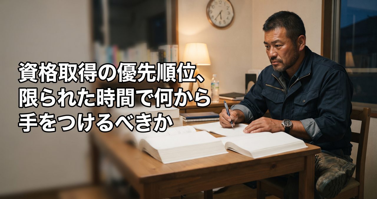 夜、自宅の机で現場出身の男性が本とノートを広げて勉強している様子