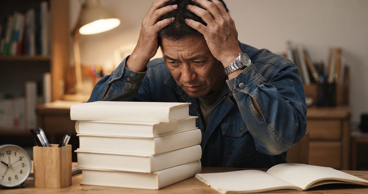 机に積まれた無地の参考書を前に頭を抱えて迷っている現場出身の男性の上半身クローズアップ