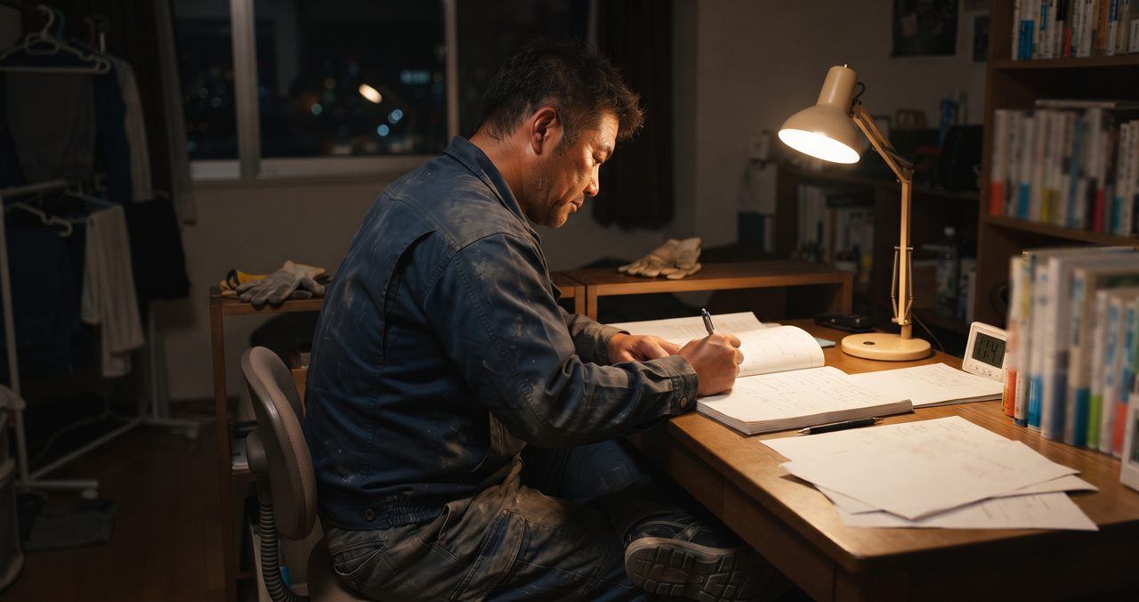 夜、デスクライトの下でノートに向かって黙々と勉強する現場出身の男性の後ろ姿・横顔