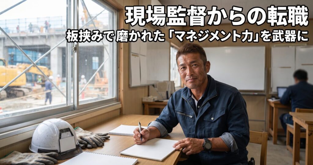 現場監督からの転職をイメージした、書類とヘルメットを机に置き穏やかな表情を見せる現場出身の男性の写真