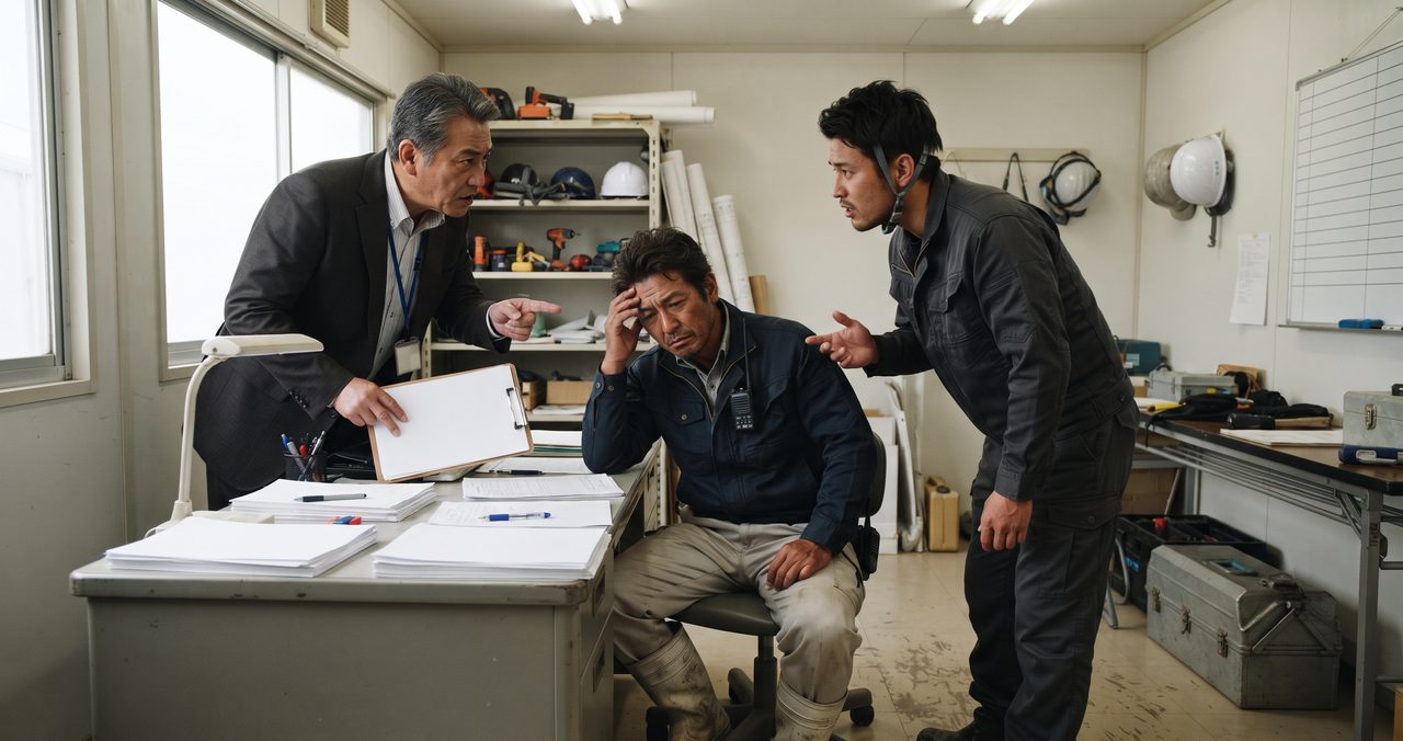 建設現場の仮設事務所で、上司らしき人物と職人らしき人物の両方から詰め寄られ、こめかみに手を当てて疲れた表情を浮かべる現場出身の男性