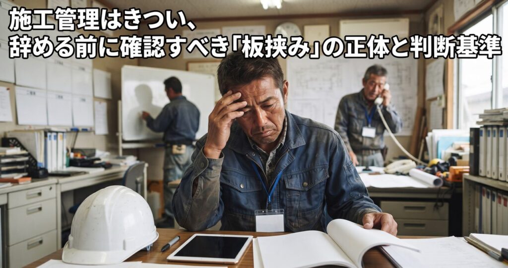 施工管理のきつさをイメージした、疲れた表情で額に手を当てヘルメットを机に置く現場出身の男性の写真