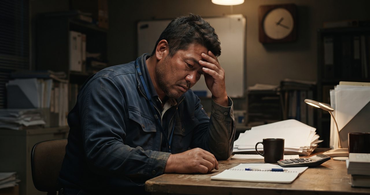 夜の事務所のデスクで、疲れた表情で額に手を当てている現場出身の男性の上半身クローズアップ