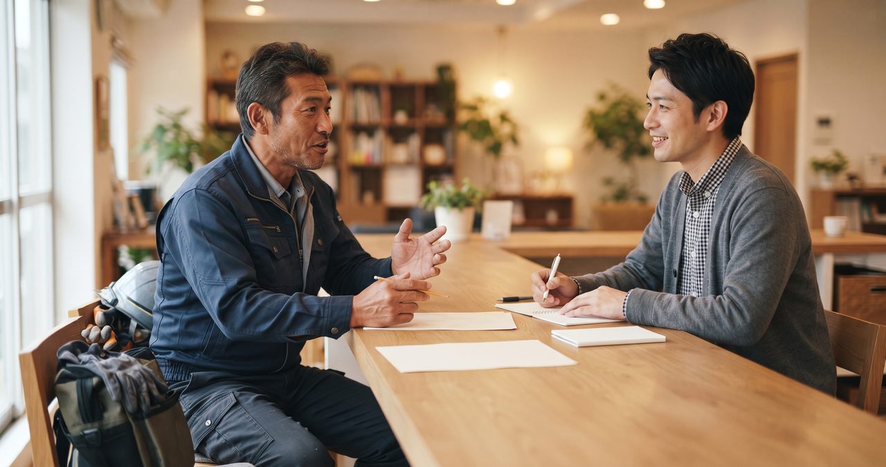 相談窓口のカウンター越しに、現場出身の男性が私服姿の相談員らしき人物と向き合って話をしている様子