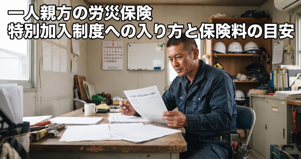 一人親方の労災保険特別加入制度の案内書類を手に取り、事務所で真剣な表情で読み込む現場出身の男性の写真