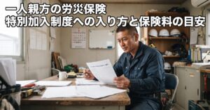 一人親方の労災保険特別加入制度の案内書類を手に取り、事務所で真剣な表情で読み込む現場出身の男性の写真