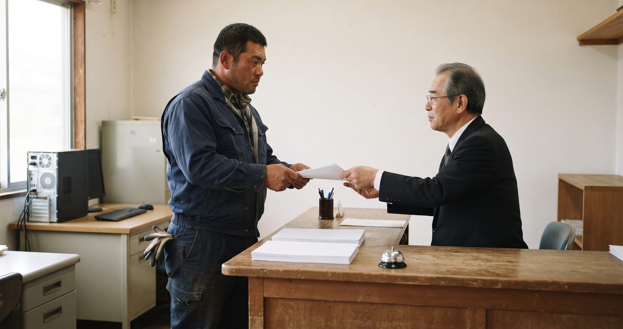 事務所のカウンター越しに、スーツ姿の窓口担当者から書類を手渡される現場出身の男性、特別加入団体での手続きの様子