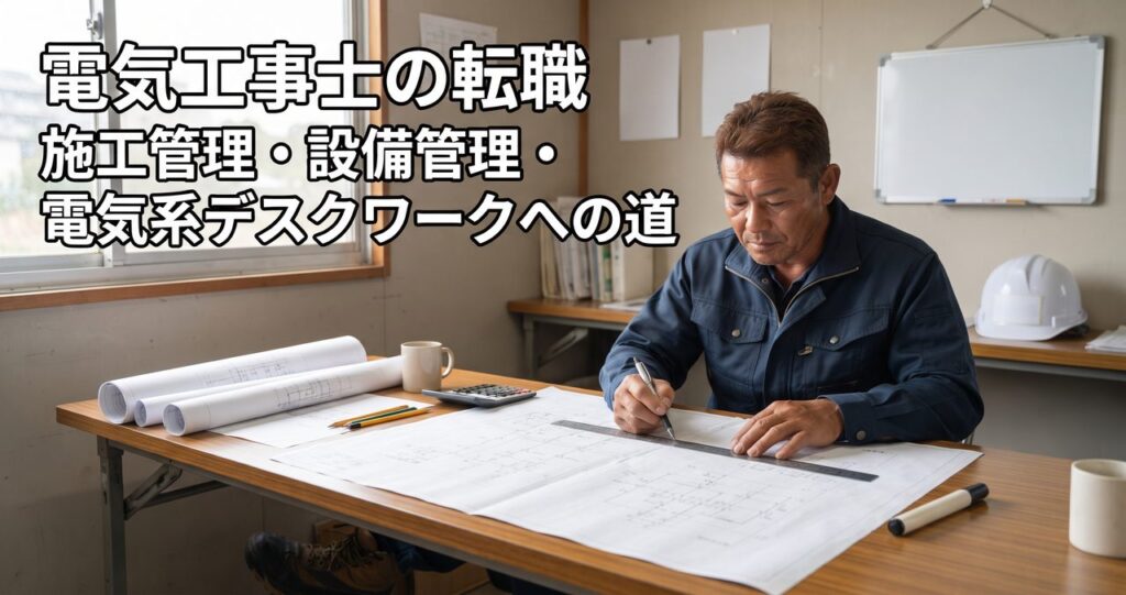 電気工事士の転職をイメージした、屋内の作業場で紙の図面を確認する現場出身の男性の写真