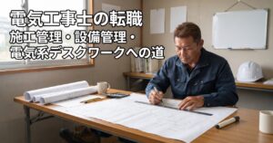 電気工事士の転職をイメージした、屋内の作業場で紙の図面を確認する現場出身の男性の写真