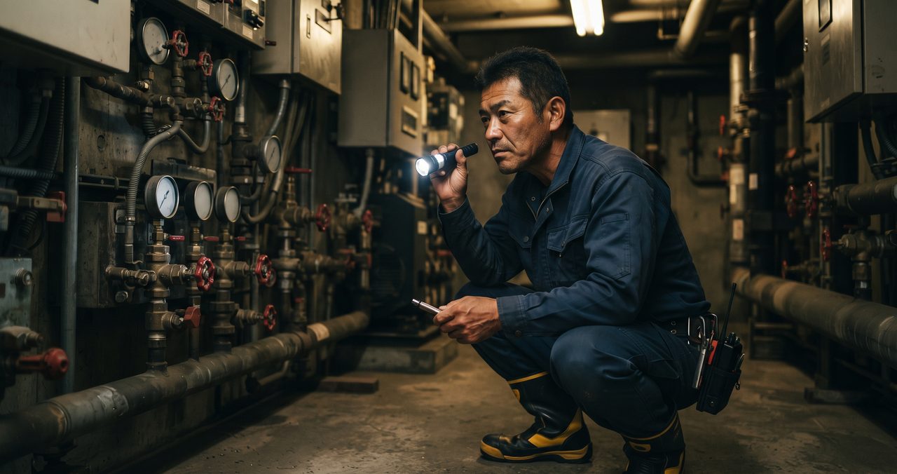 ビルの機械室で計器やバルブを懐中電灯で照らしながら点検する現場出身の男性、設備管理(ビルメンテナンス)の仕事をイメージした写真