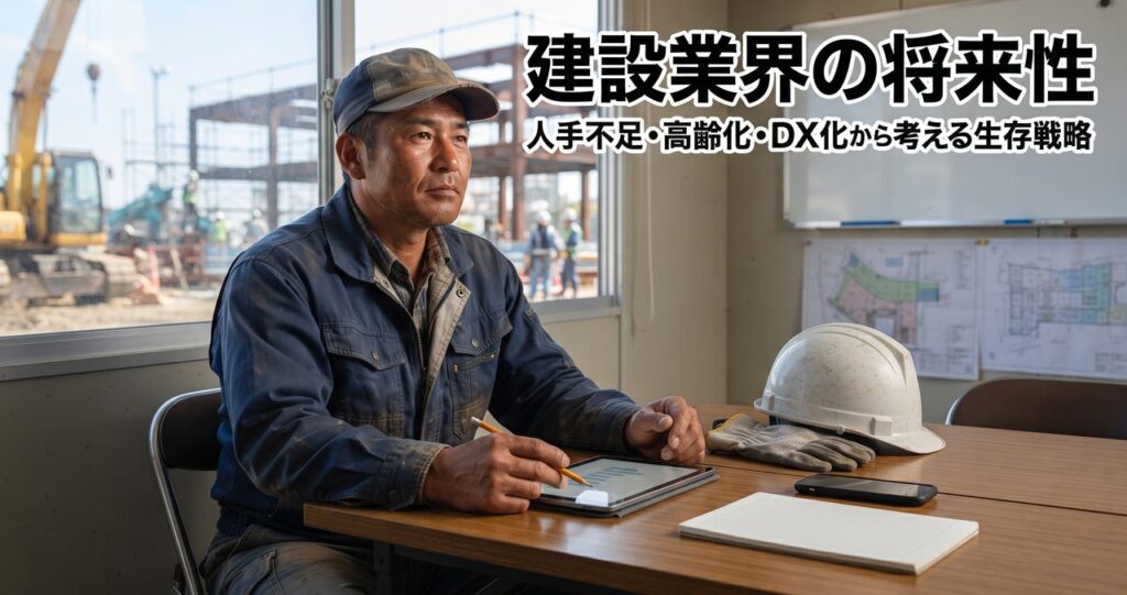建設業界の将来性をイメージした、タブレットを手に事務所の窓辺で現場を見つめる現場出身の男性の写真