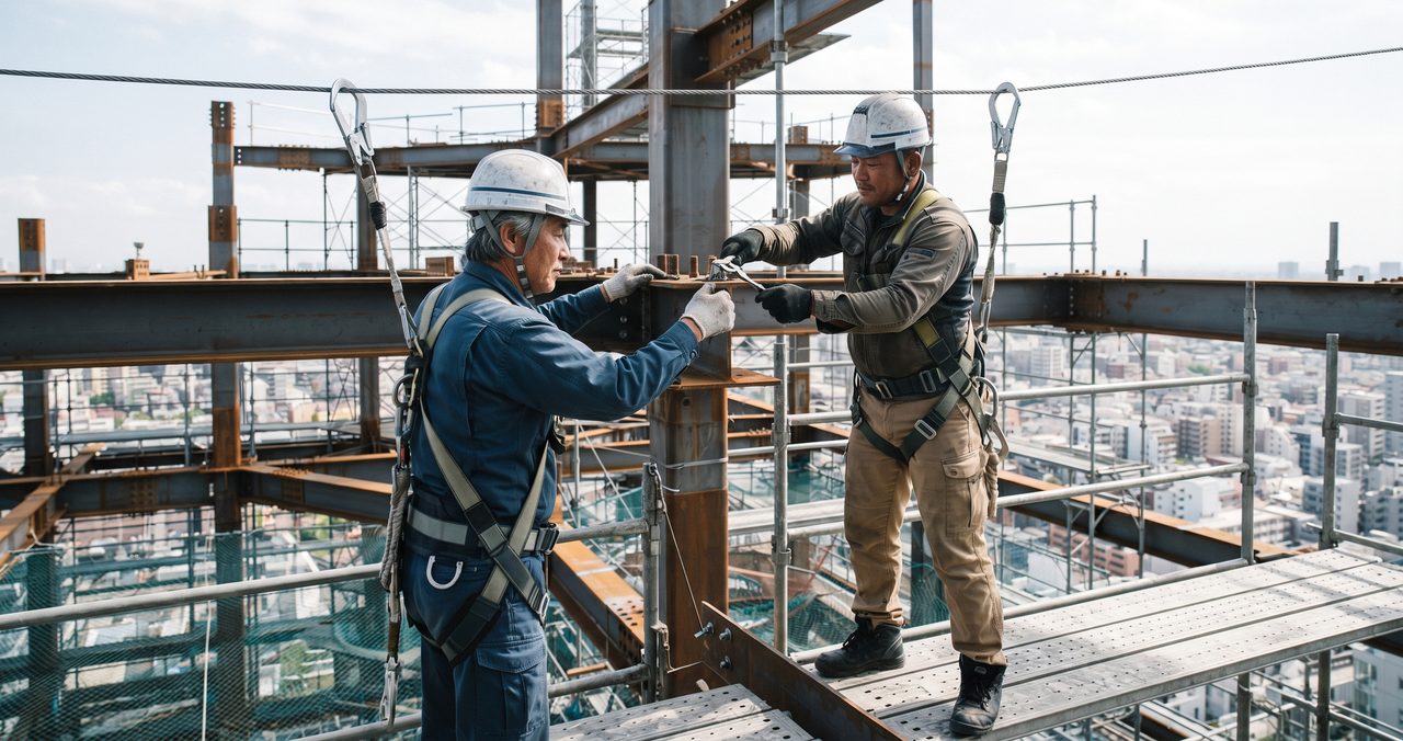 組み上がった鉄骨造の建物の高所で、年配の作業員と中堅の作業員がフルハーネス型安全帯を正しく着用し、頭上に張られた親綱にランヤードのフックをしっかり接続した状態で鉄骨の建て方作業をしている様子、建設業界の高齢化と高所作業の安全管理を感じさせる写真