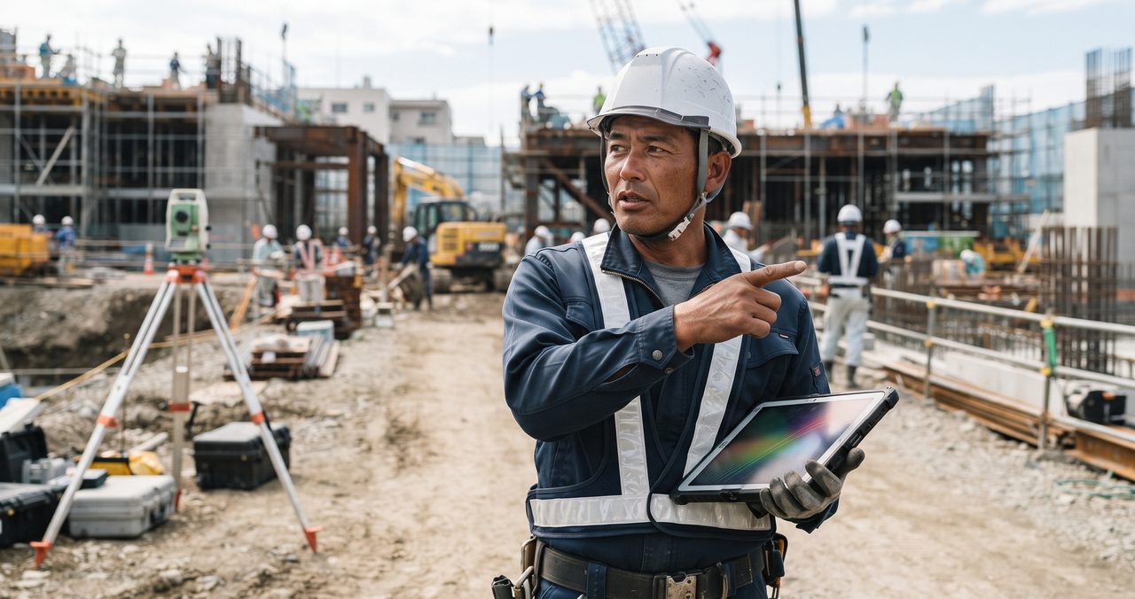 屋外の建設現場でタブレット端末を片手に現場を指し示す現場出身の男性、DX化が進む現場をイメージした写真