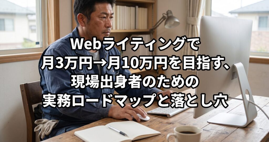 現場出身の男性が自宅の机でノートに向かい、Webライティングの実務ロードマップを考えている様子