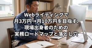 現場出身の男性が自宅の机でノートに向かい、Webライティングの実務ロードマップを考えている様子