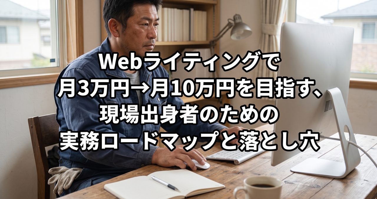 現場出身の男性が自宅の机でノートに向かい、Webライティングの実務ロードマップを考えている様子