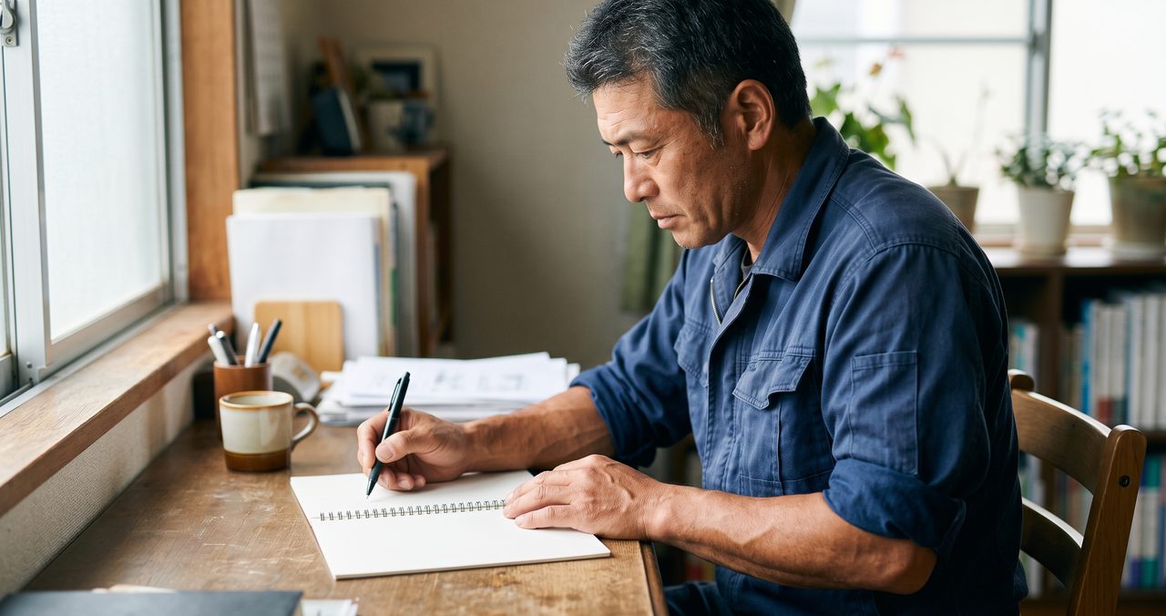自宅の机で、現場出身の男性がノートに何かを書きながら考えている手元と横顔のクローズアップ