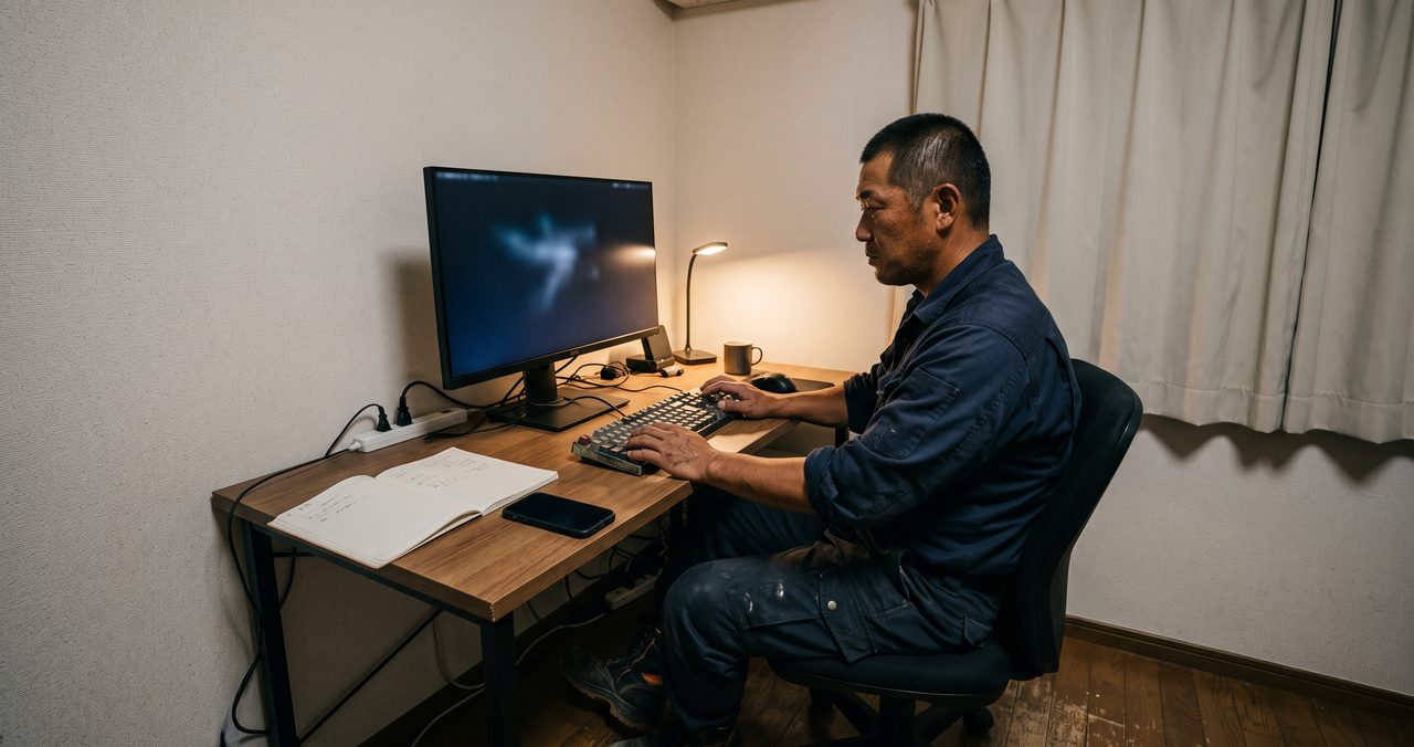 自宅の一室で、現場出身の男性がデスクトップPCの前に座り、クラウドソーシングサイトへの登録作業をしている様子
