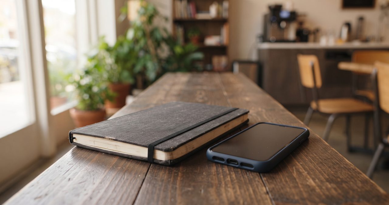 カフェの木製テーブルに置かれた手帳とスマートフォンの写真